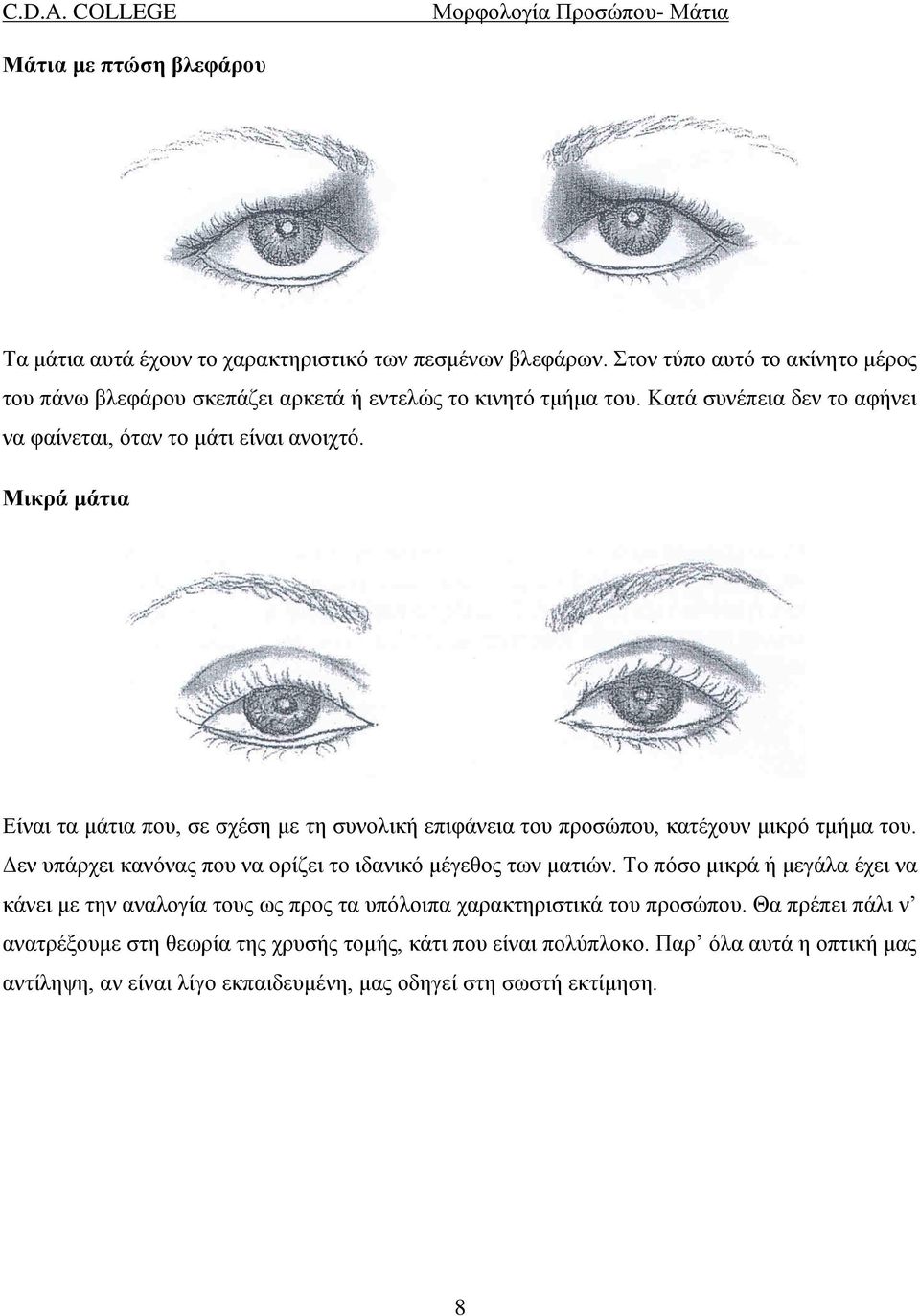 Μικρά μάτια Είναι τα μάτια που, σε σχέση με τη συνολική επιφάνεια του προσώπου, κατέχουν μικρό τμήμα του. Δεν υπάρχει κανόνας που να ορίζει το ιδανικό μέγεθος των ματιών.