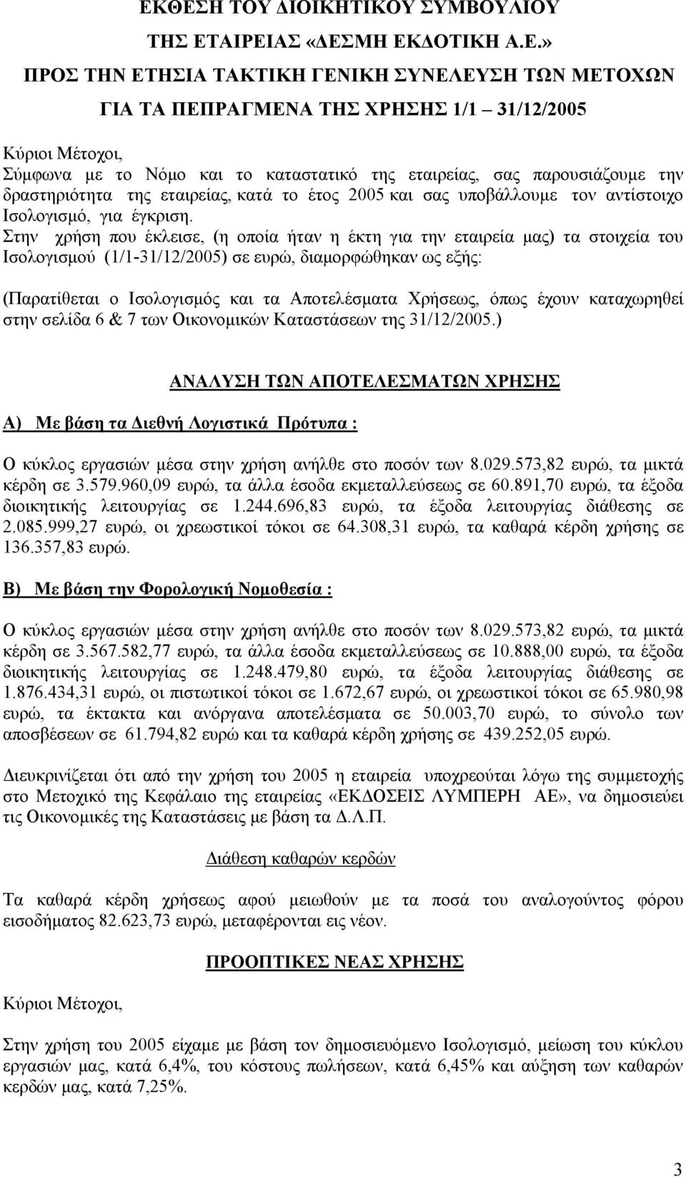 Στην χρήση που έκλεισε, (η οποία ήταν η έκτη για την εταιρεία μας) τα στοιχεία του Ισολογισμού (1/1-31/12/2005) σε ευρώ, διαμορφώθηκαν ως εξής: (Παρατίθεται ο Ισολογισμός και τα Αποτελέσματα Χρήσεως,