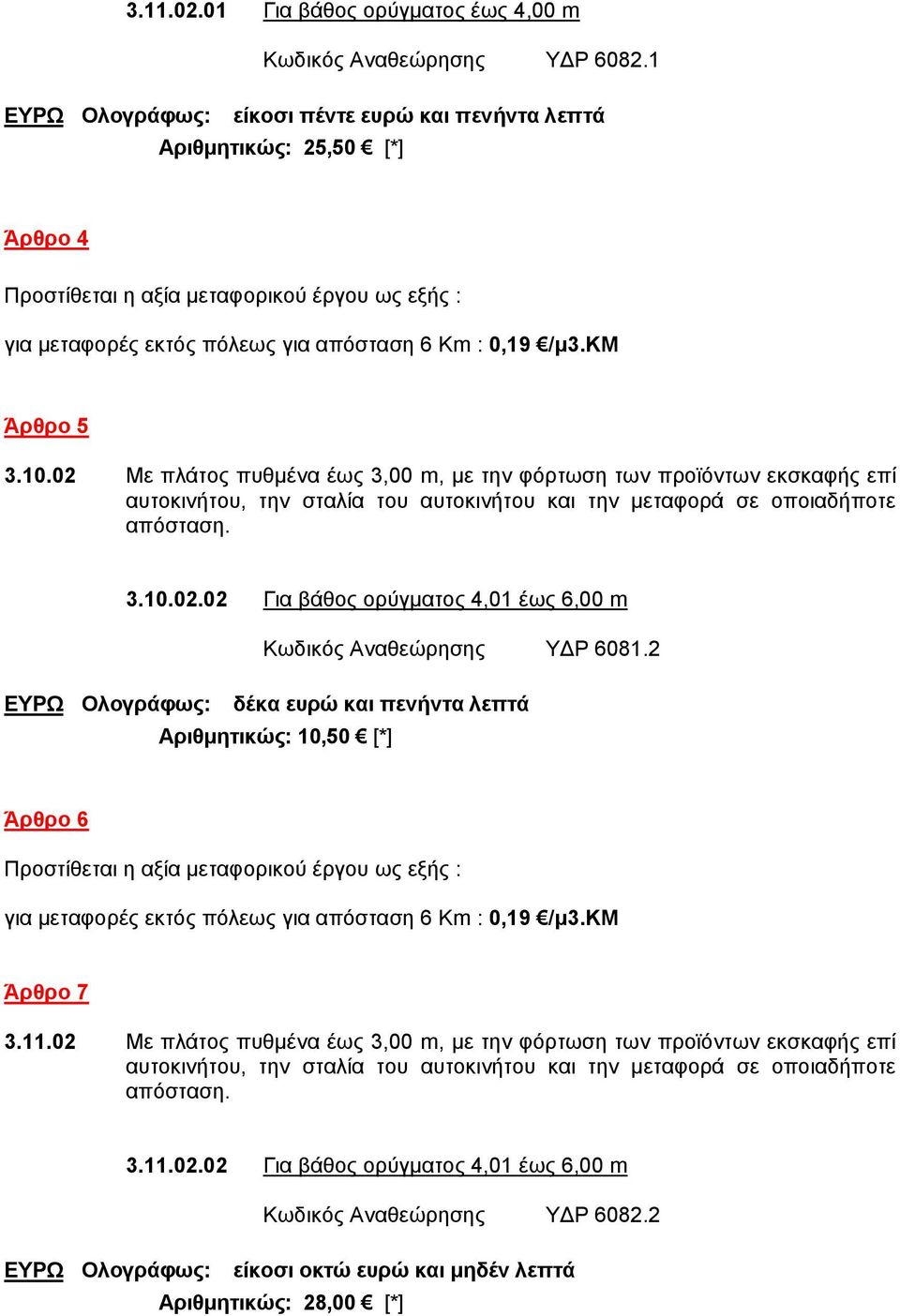 κμ Άρθρο 5 3.10.02 Με πλάτος πυθμένα έως 3,00 m, με την φόρτωση των προϊόντων εκσκαφής επί αυτοκινήτου, την σταλία του αυτοκινήτου και την μεταφορά σε οποιαδήποτε απόσταση. 3.10.02.02 Για βάθος ορύγματος 4,01 έως 6,00 m Κωδικός Αναθεώρησης ΥΔΡ 6081.