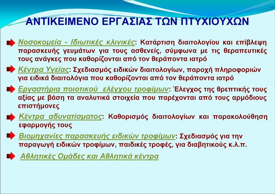 ποιοτικού ελέγχου τροφίμων: Έλεγχος της θρεπτικής τους αξίας με βάση τα αναλυτικά στοιχεία που παρέχονται από τους αρμόδιους επιστήμονες Κέντρα αδυνατίσματος: Καθορισμός διαιτολογίων και