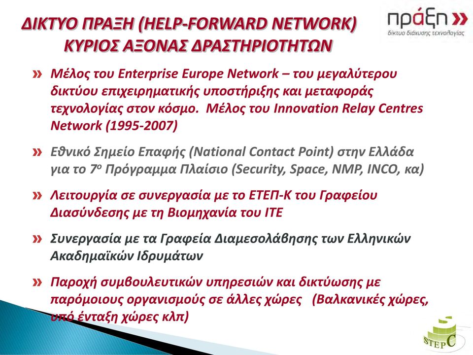 Μέλος του Innovation Relay Centres Network (1995-2007) Εθνικό Σημείο Επαφής (National Contact Point) στην Ελλάδα για το 7 ο Πρόγραμμα Πλαίσιο (Security, Space, NMP,