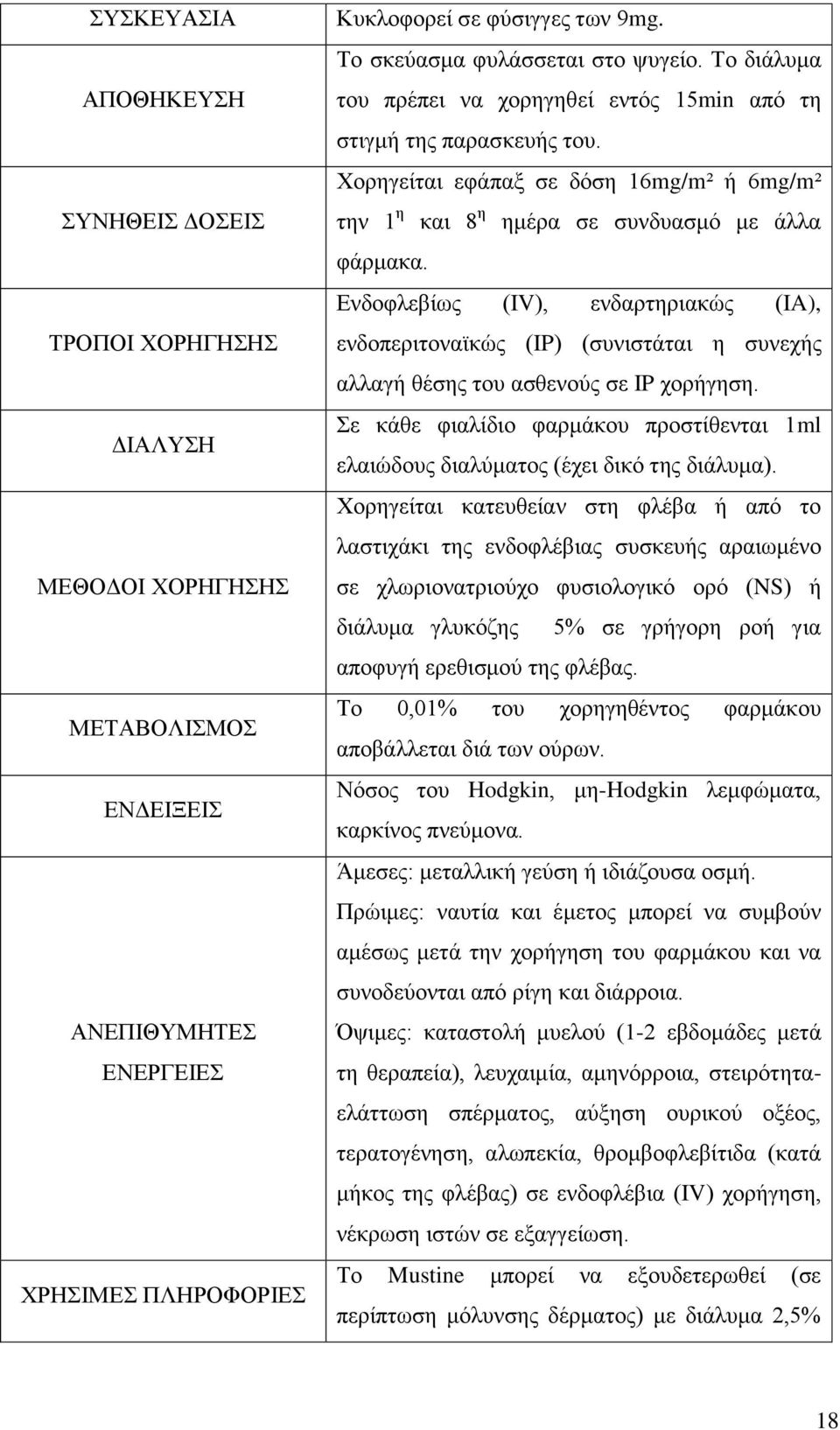 Χορηγείται εφάπαξ σε δόση 16mg/m² ή 6mg/m² την 1 η και 8 η ημέρα σε συνδυασμό με άλλα φάρμακα.