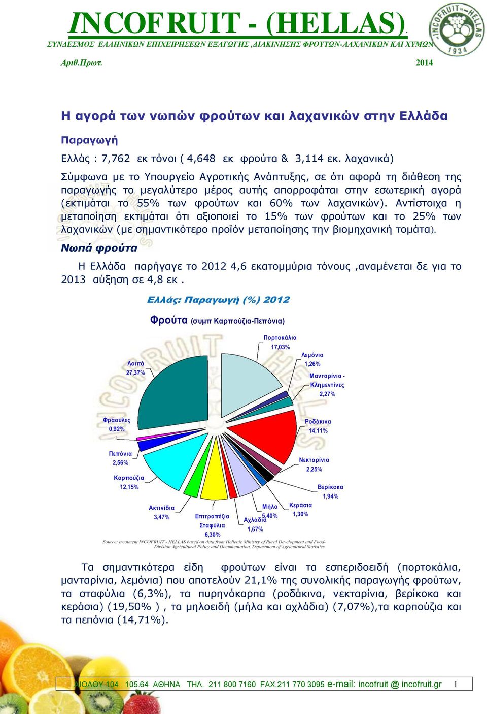 λαχανικών). Αντίστοιχα η μεταποίηση εκτιµάται ότι αξιοποιεί το 15% των φρούτων και το 25% των λαχανικών (µε σημαντικότερο προϊόν μεταποίησης την βιομηχανική τοµάτα).