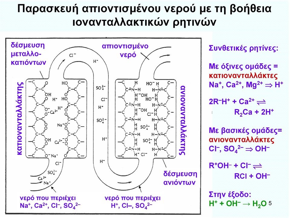 + 2R Η + + Ca 2+ R 2 Ca + 2H + Με βασικές ομάδες= ανιονανταλλάκτες Cl, SO 4 2 OH νερό που περιέχει νερό που