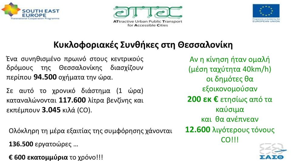 045 κιλά (CO). Ολόκληρη τη μέρα εξαιτίας της συμφόρησης χάνονται 136.500 εργατοώρες 600 εκατομμύρια το χρόνο!