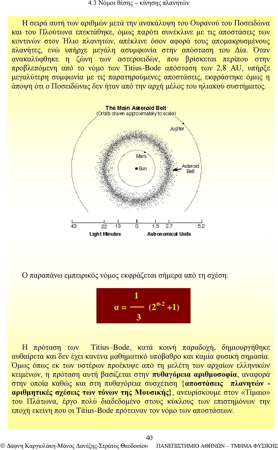 Όταν ανακαλύφθηκε η ζώνη των αστεροειδών, που βρίσκεται περίπου στην προβλεπόμενη από το νόμο των Titius-Bode απόσταση των 2,8 AU, υπήρξε μεγαλύτερη συμφωνία με τις παρατηρούμενες αποστάσεις,