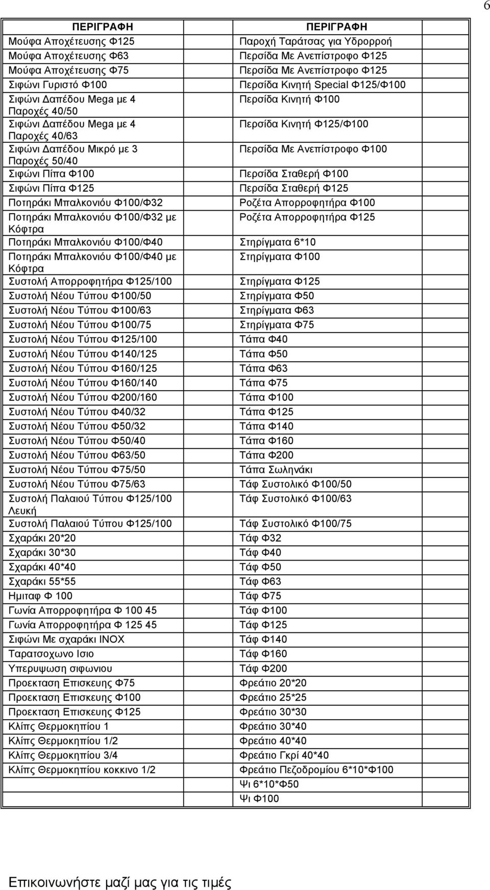 50/40 Σιφώνι Πίπα Φ100 Περσίδα Σταθερή Φ100 Σιφώνι Πίπα Φ125 Περσίδα Σταθερή Φ125 Ποτηράκι Μπαλκονιόυ Φ100/Φ32 Ροζέτα Απορροφητήρα Φ100 Ποτηράκι Μπαλκονιόυ Φ100/Φ32 µε Ροζέτα Απορροφητήρα Φ125 Κόφτρα