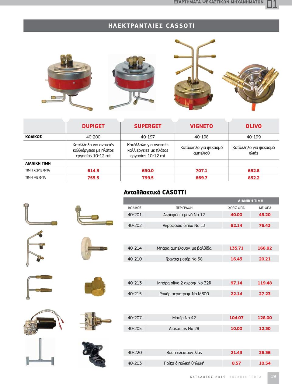 2 Ανταλλακτικά CASOTTI 40-2 Ακροφύσιο μονό Νο 12 40.00 49.20 40-202 Ακροφύσιο διπλό Νο 13 62.14 76.43 40-214 Μπάρα αμπελουργ. με βαλβίδα 135.71 166.92 40-210 Γρανάζι μοτέρ Νο 58 16.43 20.