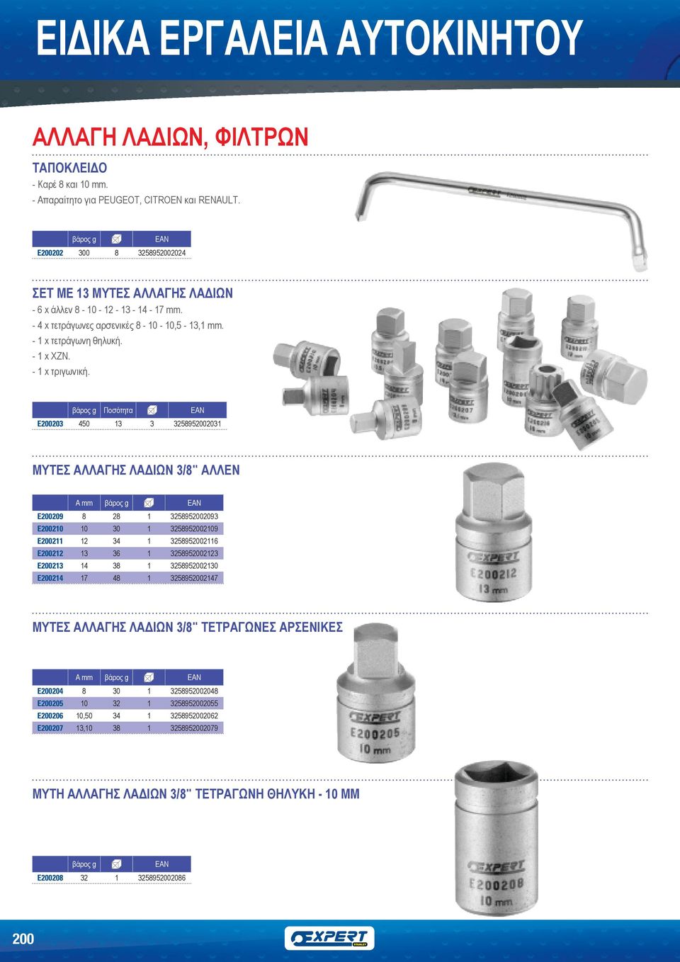 Ποσότητα E200203 450 13 3 3258952002031 ΜΥΤΕΣ ΑΛΛΑΓΗΣ ΛΑΔΙΩΝ 3/8" ΑΛΛΕΝ A mm E200209 8 28 1 3258952002093 E200210 10 30 1 3258952002109 E200211 12 34 1 3258952002116 E200212 13 36 1 3258952002123