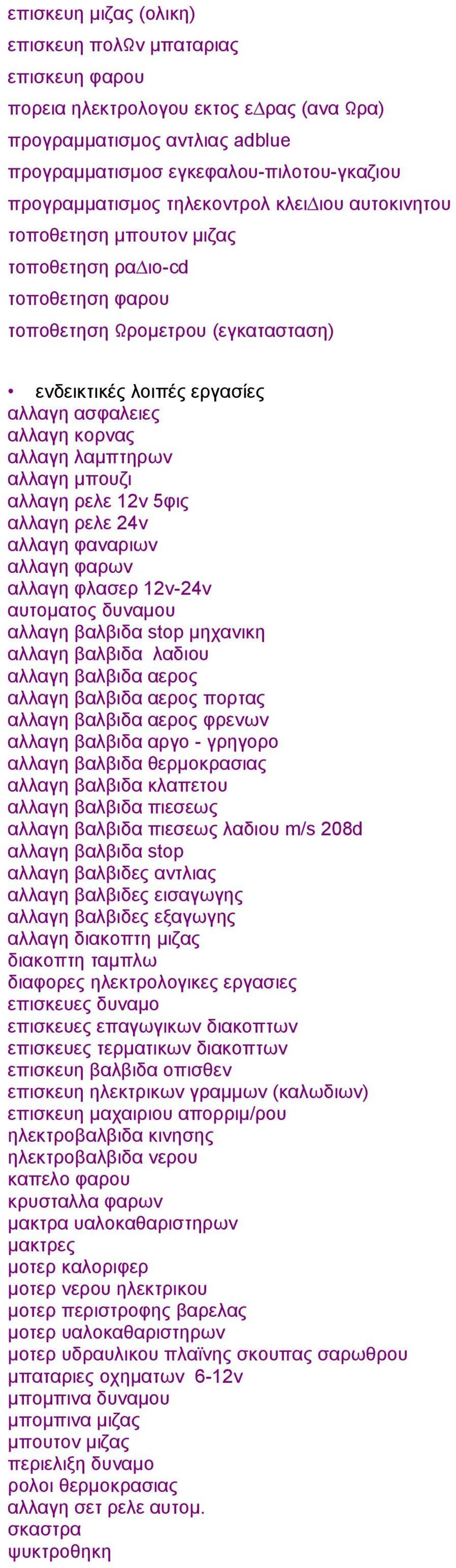 λαμπτηρων αλλαγη μπουζι αλλαγη ρελε 12v 5φις αλλαγη ρελε 24v αλλαγη φαναριων αλλαγη φαρων αλλαγη φλασερ 12v-24v αυτοματος δυναμου αλλαγη βαλβιδα stop μηχανικη αλλαγη βαλβιδα λαδιου αλλαγη βαλβιδα