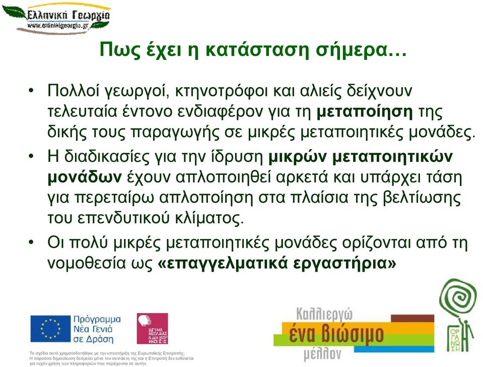 Ηδιαδικασίες για την ίδρυση μικρών μεταποιητικών μονάδων έχουν απλοποιηθεί αρκετά και υπάρχει τάση για