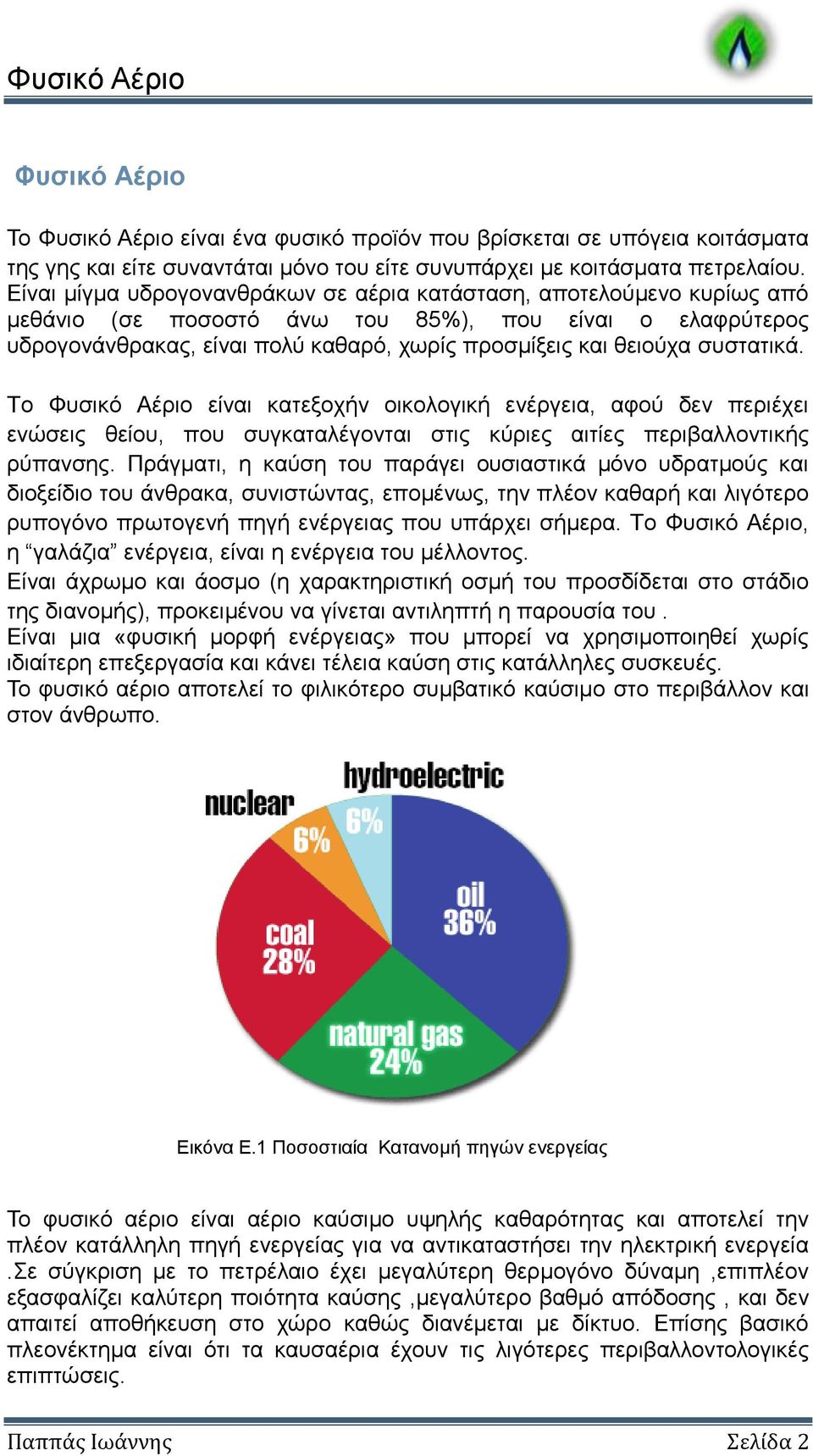 συστατικά. Το Φυσικό Αέριο είναι κατεξοχήν οικολογική ενέργεια, αφού δεν περιέχει ενώσεις θείου, που συγκαταλέγονται στις κύριες αιτίες περιβαλλοντικής ρύπανσης.
