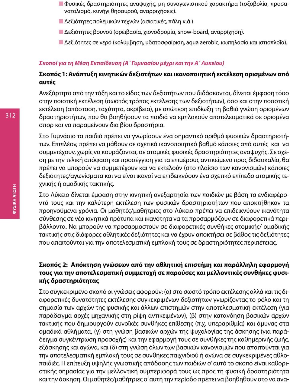 312 Σκοποί για τη Μέση Εκπαίδευση (Α Γυμνασίου μέχρι και την Α Λυκείου) Σκοπός 1: Ανάπτυξη κινητικών δεξιοτήτων και ικανοποιητική εκτέλεση ορισμένων από αυτές Ανεξάρτητα από την τάξη και το είδος των