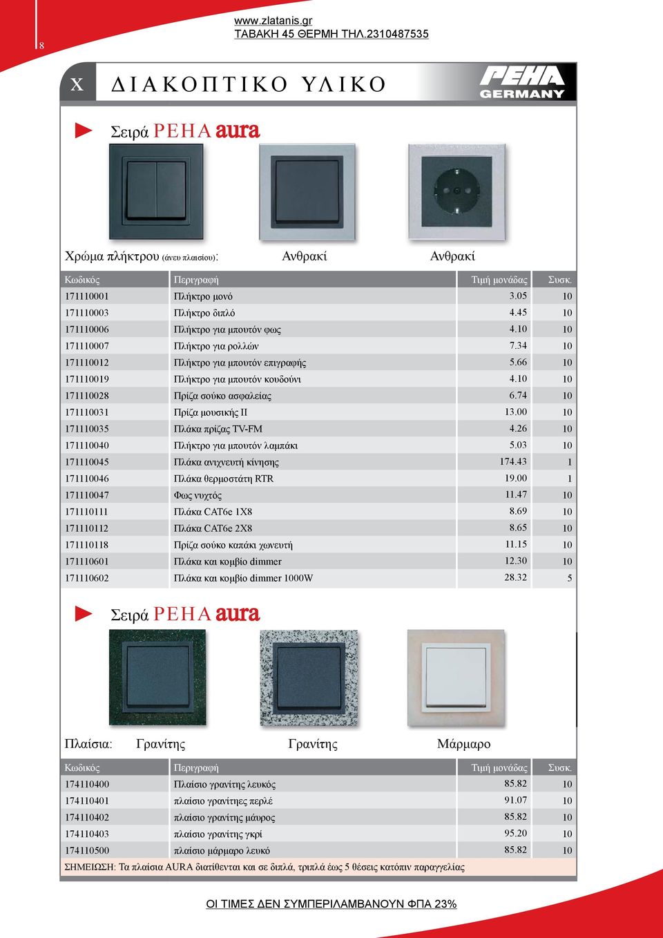 74 10 171110031 Πρίζα μουσικής ΙΙ 13.00 10 171110035 Πλάκα πρίζας TV-FM 4.26 10 171110040 Πλήκτρο για μπουτόν λαμπάκι 5.03 10 171110045 Πλάκα ανιχνευτή κίνησης 174.