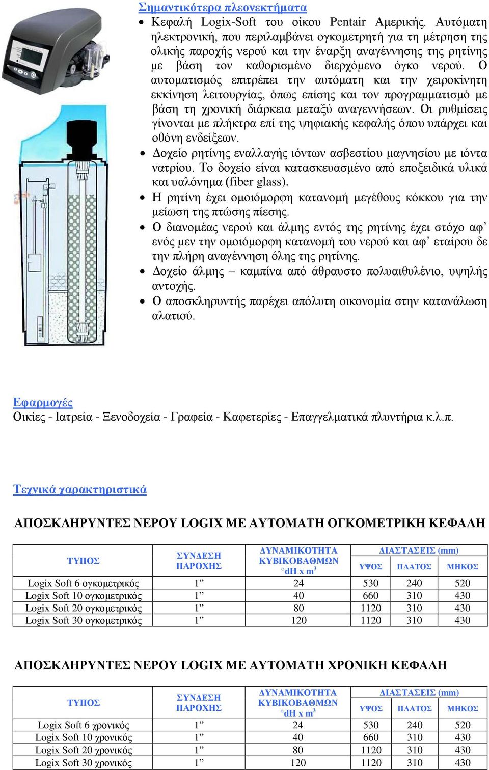 Ο αυτοματισμός επιτρέπει την αυτόματη και την χειροκίνητη εκκίνηση λειτουργίας, όπως επίσης και τον προγραμματισμό με βάση τη χρονική διάρκεια μεταξύ αναγεννήσεων.