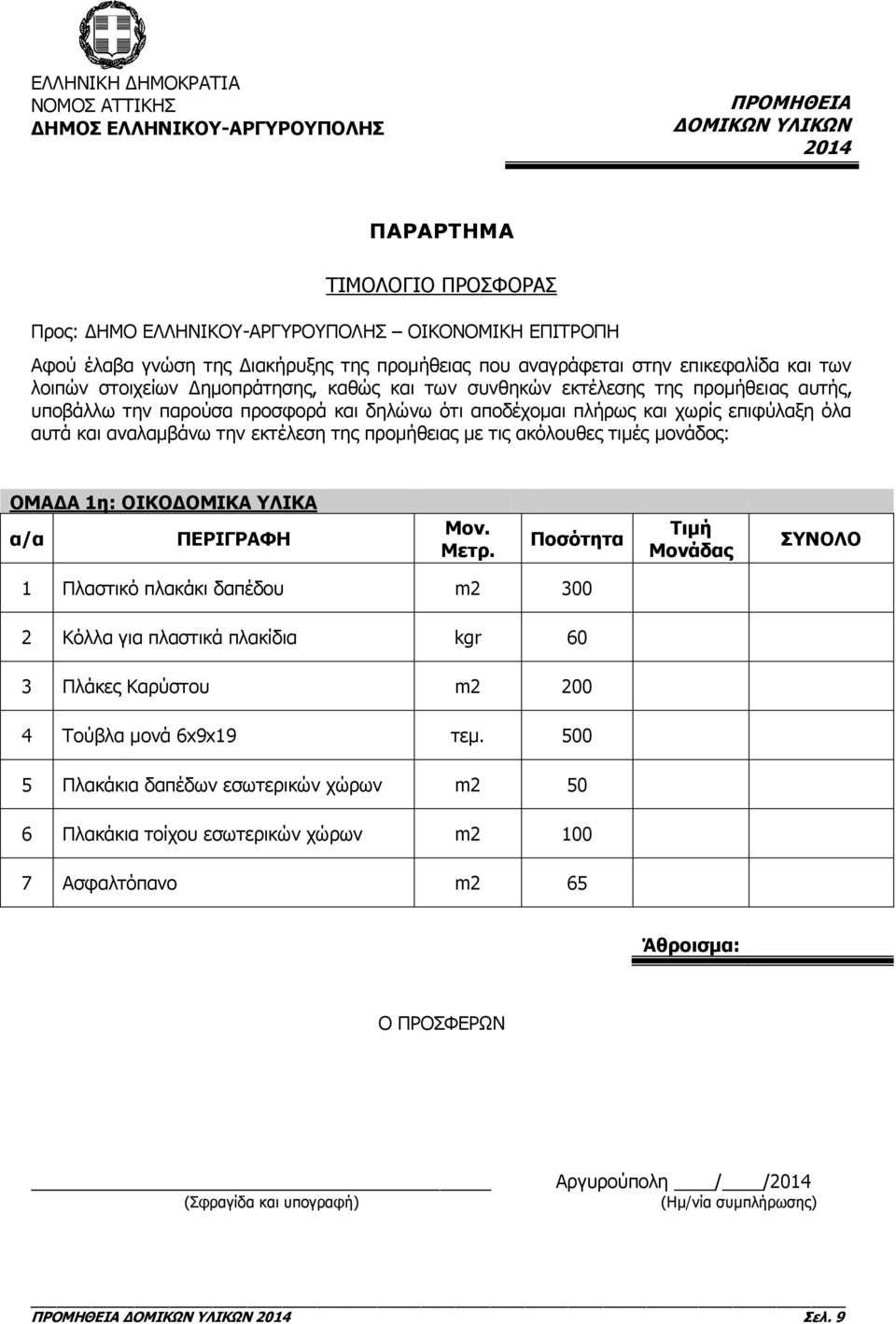 προμήθειας με τις ακόλουθες τιμές μονάδος: ΟΜΑΔΑ 1η: ΟΙΚΟΔΟΜΙΚΑ ΥΛΙΚΑ α/α ΠΕΡΙΓΡΑΦΗ Μον. Μετρ.