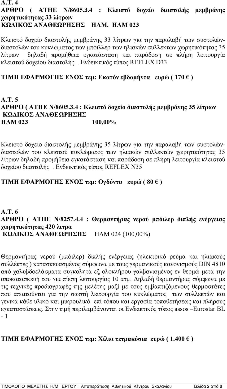 παράδοση σε πλήρη λειτουργία κλειστού δοχείου διαστολής. Ενδεικτικός τύπος REFLEX D33