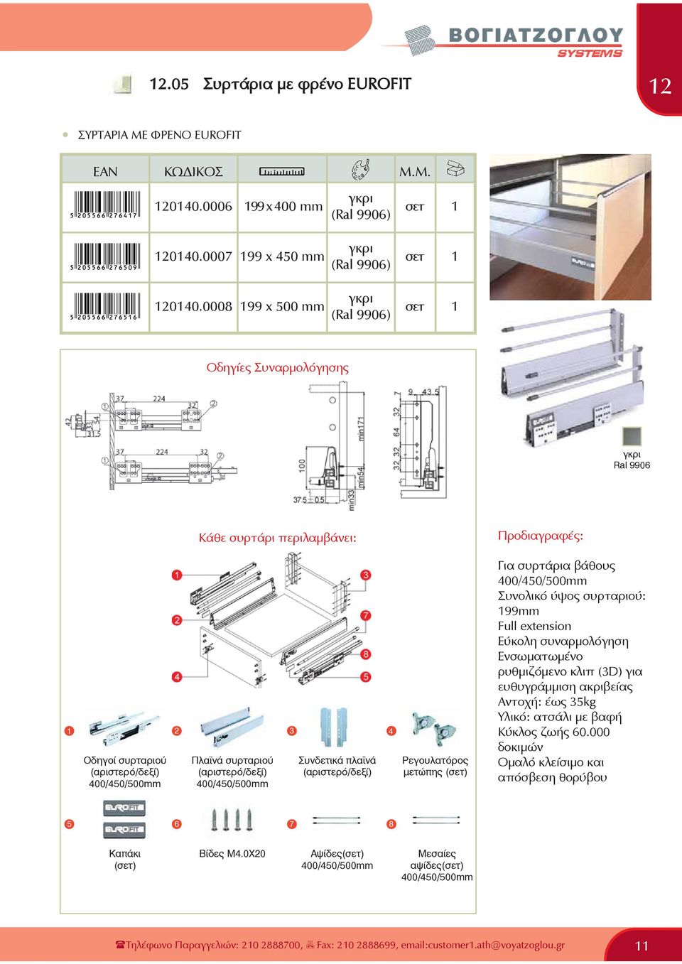 συρταριού (αριστερό/δεξί) 400/450/500mm 3 Συνδετικά πλανά (αριστερό/δεξί) 4 Ρεγουλατόρος μετώπης (σετ) Για συρτάρια βάθους 400/450/500mm Συνολικό ύψος συρταριού: 199mm Full extension Eύκολη