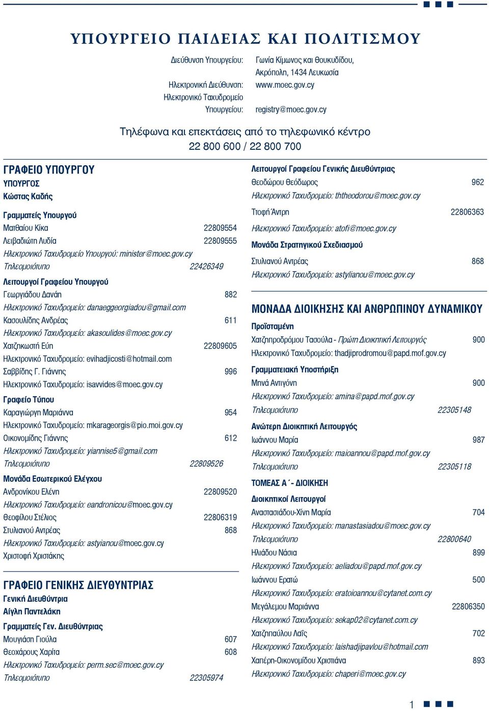 Ταχυδρομείο Υπουργού: minister@moec.gov.cy Τηλεομοιότυπο 22426349 Λειτουργοί Γραφείου Υπουργού Γεωργιάδου Δανάη 882 Ηλεκτρονικό Ταχυδρομείο: danaeggeorgiadou@gmail.