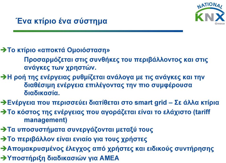 Ενέργεια που περισσεύει διατίθεται στο smart grid Σε άλλα κτίρια Το κόστος της ενέργειας που αγοράζεται είναι το ελάχιστο (tariff management)