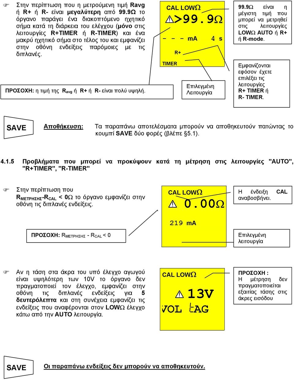 παρόµοιες µε τις διπλανές. ΠΡΟΣΟΧΗ: η τιµή της R avg ή R+ ή R- είναι πολύ υψηλή. CAL LOWΩ >99.9Ω - - - ma 4 s TIMER R+ Επιλεγµένη Λειτουργία 99.