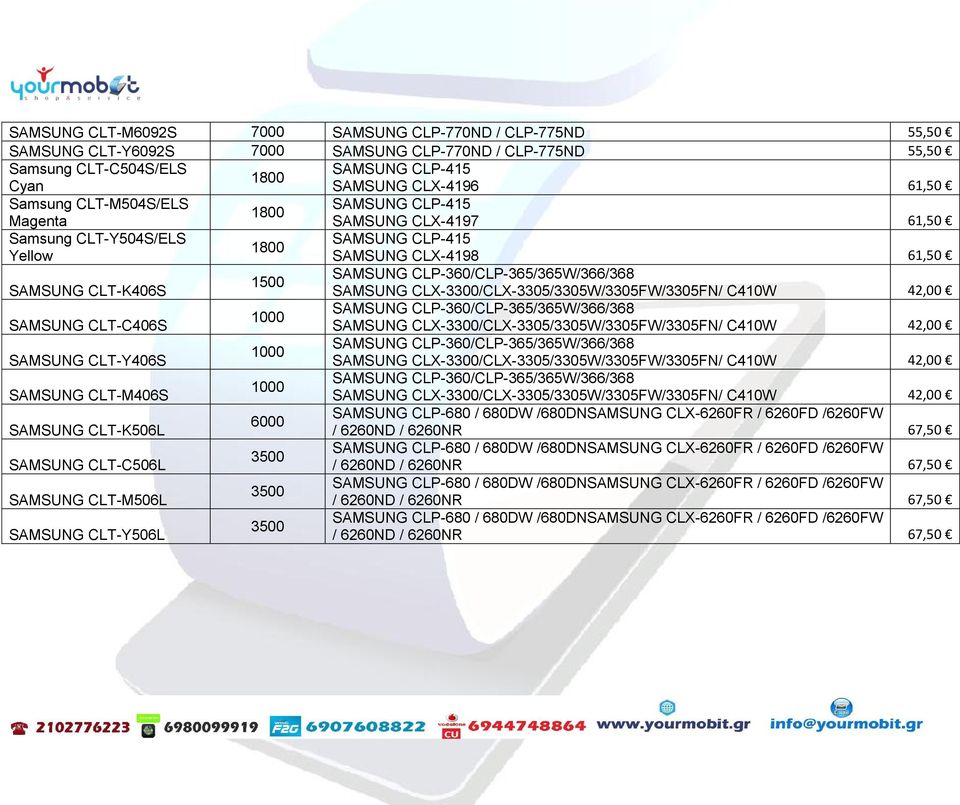 SAMSUNG CLX-4197 61,50 Samsung CLT-Y504S/ELS SAMSUNG CLP-415 1800 Yellow SAMSUNG CLX-4198 61,50 SAMSUNG CLT-K406S SAMSUNG