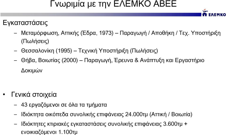 Ανάπτυξη και Εργαστήριο Δοκιμών Γενικά στοιχεία 43 εργαζόμενοι σε όλα τα τμήματα Ιδιόκτητα οικόπεδα συνολικής