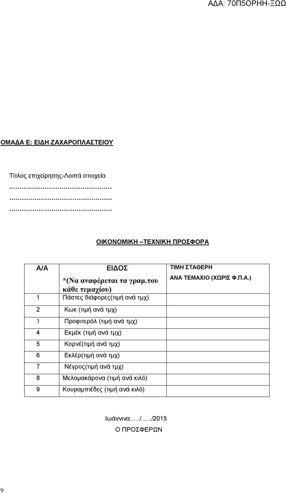 του κάθε τεμαχίου) 1 Πάστες διάφορες(τιμή ανά τμχ) 2 Κωκ (τιμή ανά τμχ) 3 Προφιτερόλ (τιμή ανά τμχ) 4 Εκμέκ