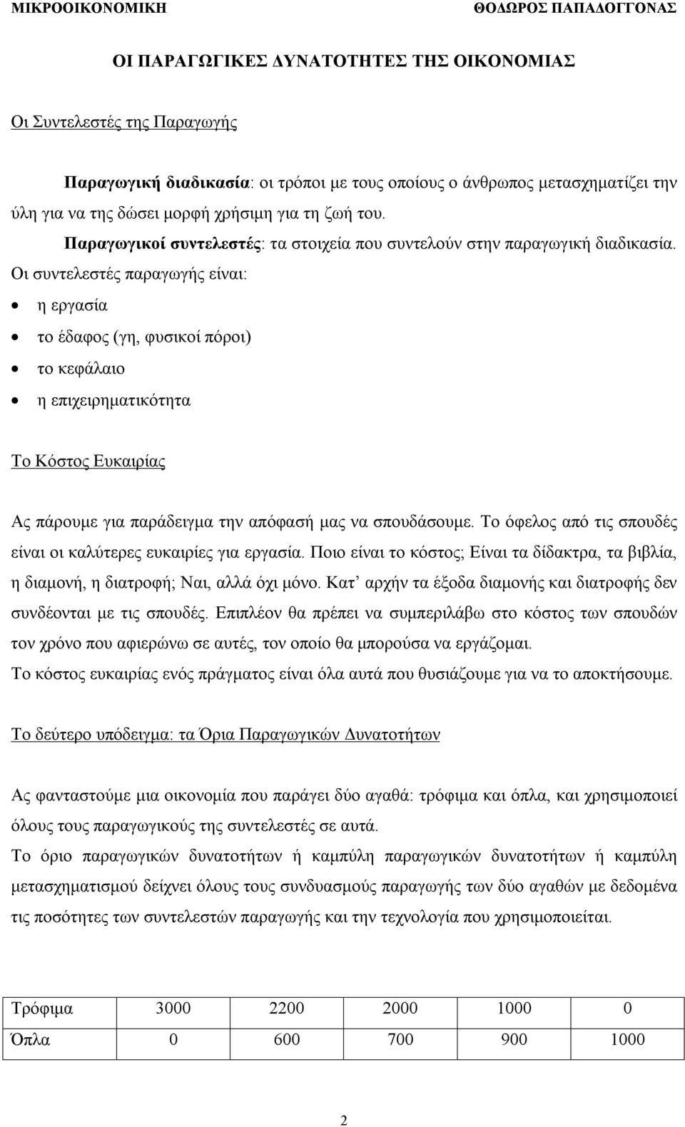 Οι συντελεστές παραγωγής είναι: η εργασία το έδαφος (γη, φυσικοί πόροι) το κεφάλαιο η επιχειρηματικότητα Το Κόστος Ευκαιρίας Ας πάρουμε για παράδειγμα την απόφασή μας να σπουδάσουμε.