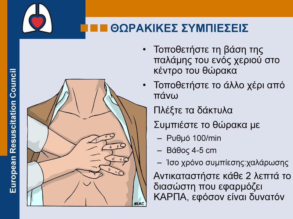 Συμπιέστε το θώρακα με Ρυθμό 100/min Βάθος 4-5 cm Ίσο χρόνο