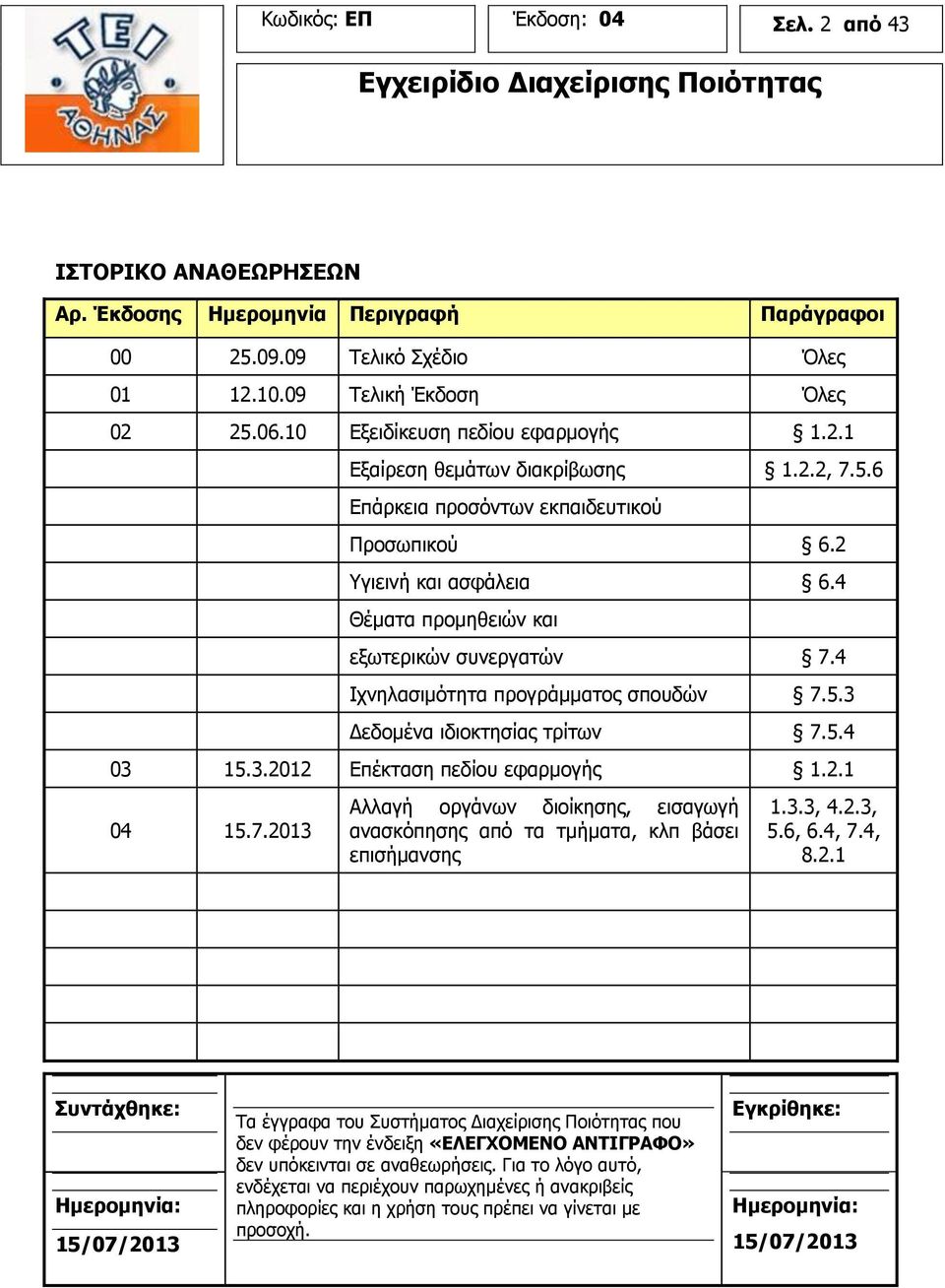 4 Ιχνηλασιμότητα προγράμματος σπουδών 7.5.3 Δεδομένα ιδιοκτησίας τρίτων 7.5.4 03 15.3.2012 Επέκταση πεδίου εφαρμογής 1.2.1 04 15.7.2013 Αλλαγή οργάνων διοίκησης, εισαγωγή ανασκόπησης από τα τμήματα, κλπ βάσει επισήμανσης 1.