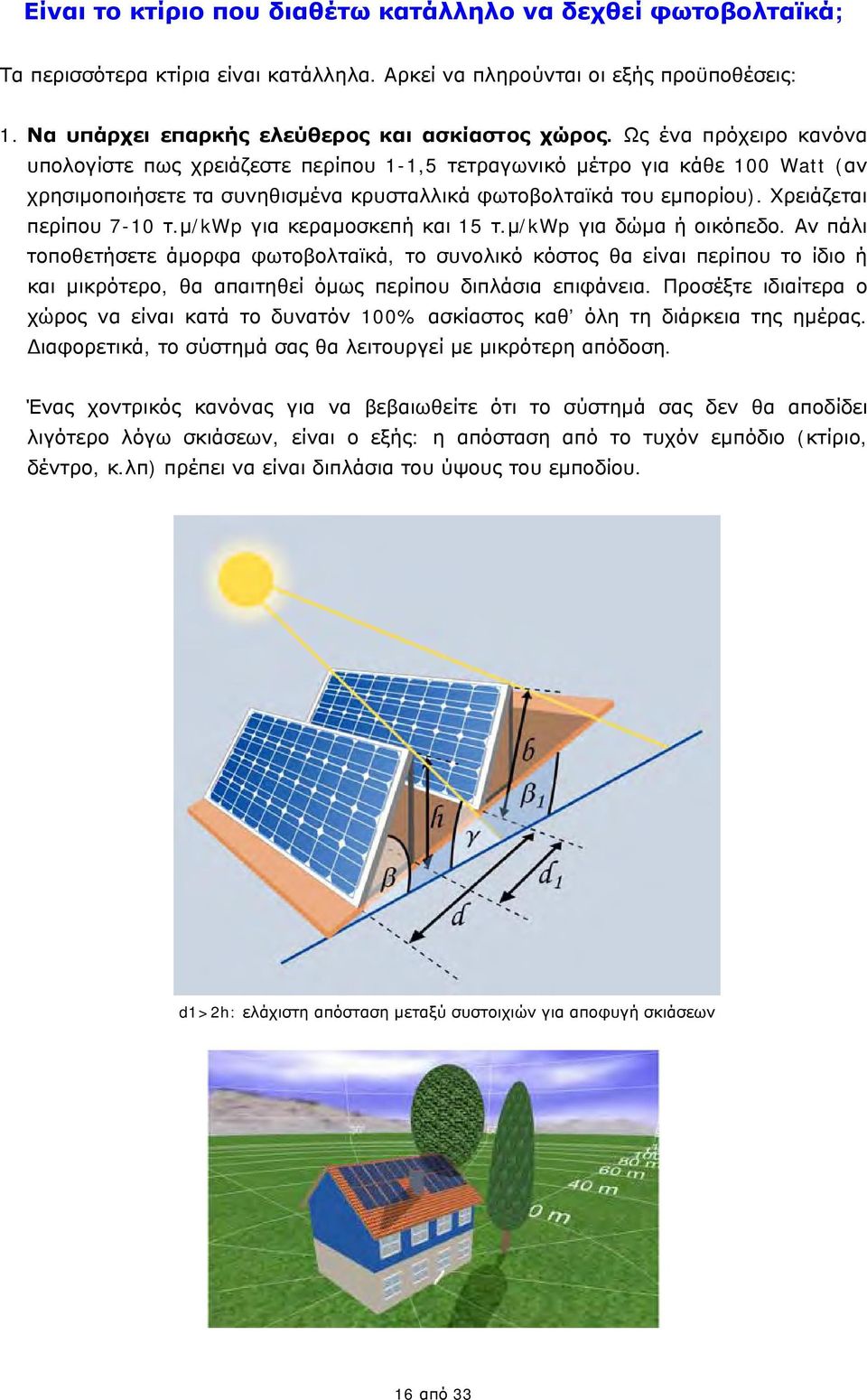 μ/kwp για κεραμοσκεπή και 15 τ.μ/kwp για δώμα ή οικόπεδο.