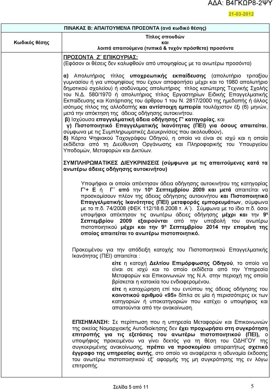 2817/2000 της ημεδαπής ή άλλος ισότιμος τίτλος της αλλοδαπής αντίστοιχη εμπειρία τουλάχιστον έξι (6) μηνών, μετά την απόκτηση της άδειας οδήγησης αυτοκινήτου.