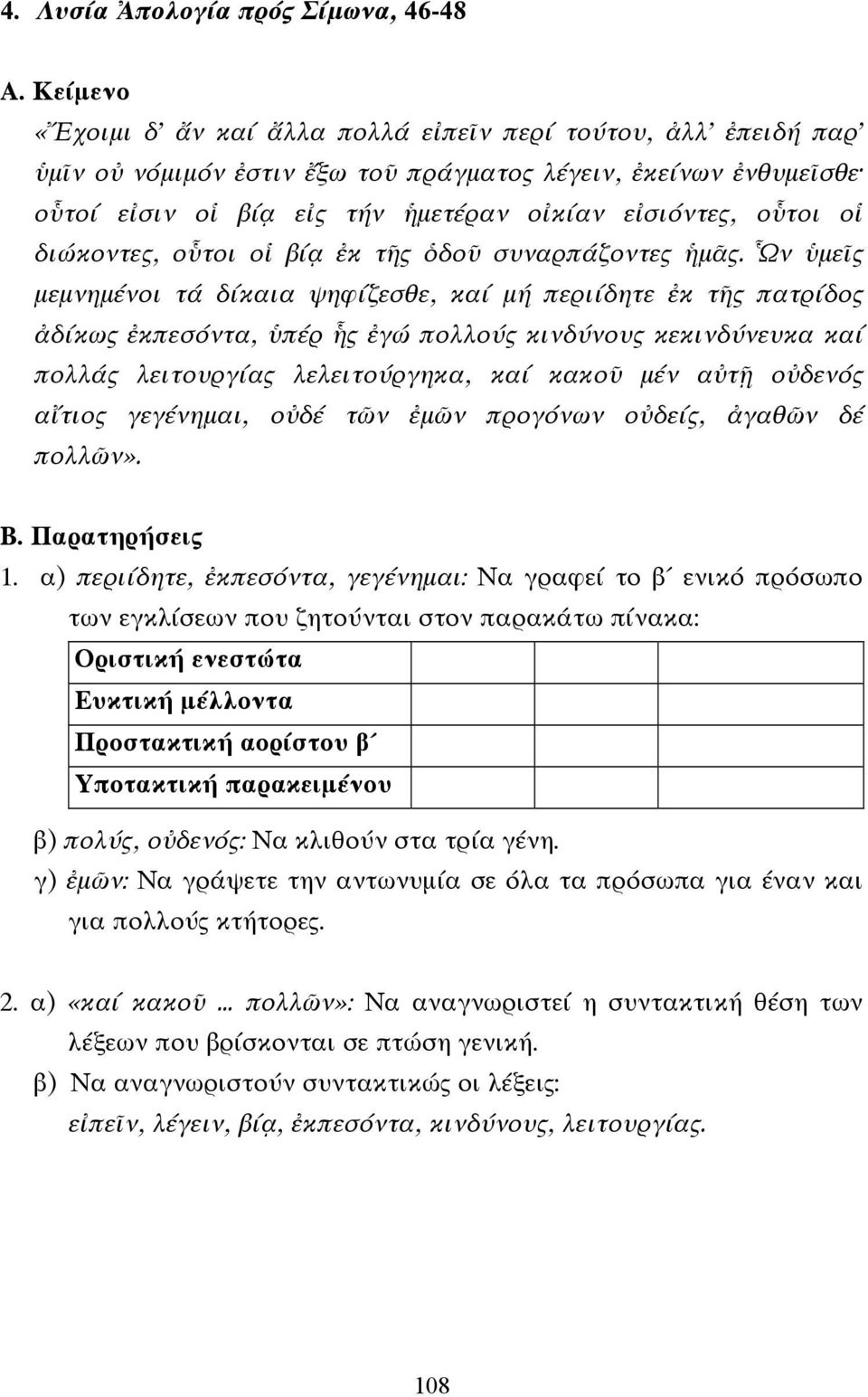 Ὧν ὑµεῖς µεµνηµένοι τά δίκαια ψηφίζεσθε, καί µή περιίδητε ἐκ τῆς πατρίδος ἀδίκως ἐκπεσόντα, ὑπέρ ἧς ἐγώ πολλούς κινδύνους κεκινδύνευκα καί πολλάς λειτουργίας λελειτούργηκα, καί κακοῦ µέν αὐτῇ οὐδενός