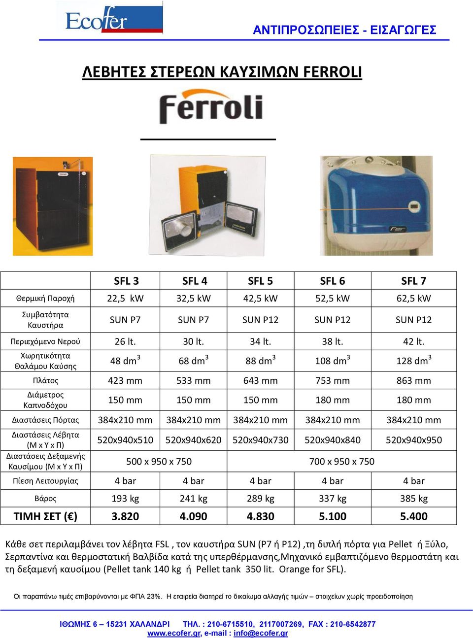 Χωρητικότητα Θαλάμου Καύσης 48 dm 3 68 dm 3 88 dm 3 108 dm 3 128 dm 3 Πλάτος 423 mm 533 mm 643 mm 753 mm 863 mm Διάμετρος Καπνοδόχου 150 mm 150 mm 150 mm 180 mm 180 mm Διαστάσεις Πόρτας 384x210 mm