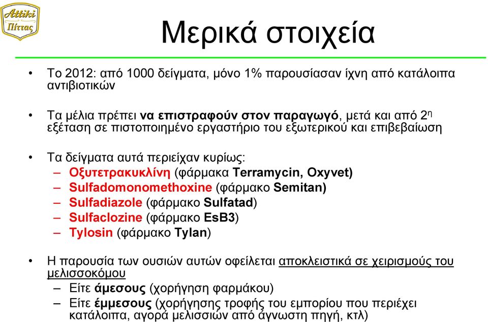 Sulfadomonomethoxine (φάρμακο Semitan) Sulfadiazole (φάρμακο Sulfatad) Sulfaclozine (φάρμακο EsB3) Tylosin (φάρμακο Tylan) Η παρουσία των ουσιών αυτών οφείλεται