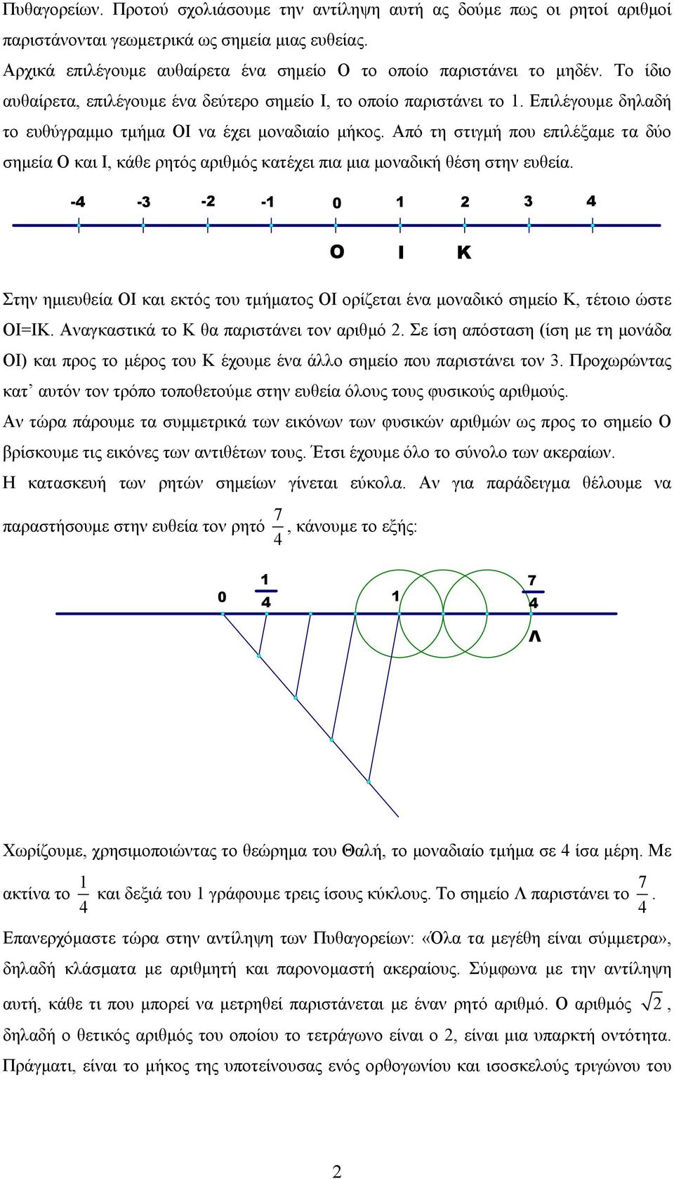 αριθµός κατέχει πια µια µοναδική θέση στην ευθεία -4 - - - 0 4 O I K Στην ηµιευθεία ΟΙ και εκτός του τµήµατος ΟΙ ορίζεται ένα µοναδικό σηµείο Κ, τέτοιο ώστε ΟΙΙΚ Αναγκαστικά το Κ θα παριστάνει τον