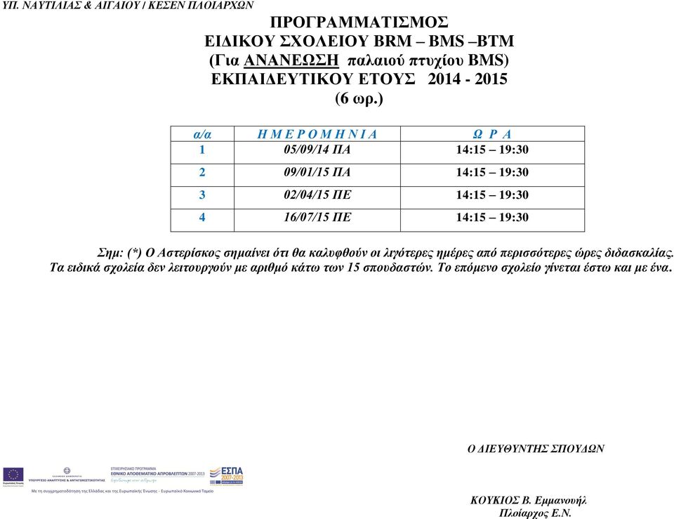 14:15 19:30 3 02/04/15 ΠΕ 14:15 19:30 4 16/07/15 ΠΕ 14:15 19:30 Σημ: (*) Ο