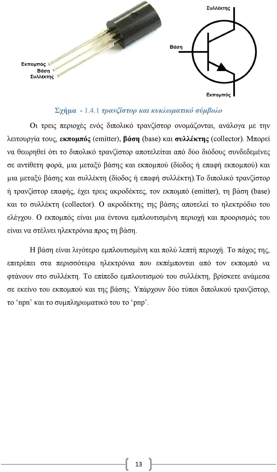 (δίοδος ή επαφή συλλέκτη).το διπολικό τρανζίστορ ή τρανζίστορ επαφής, έχει τρεις ακροδέκτες, τον εκπομπό (emitter), τη βάση (base) και το συλλέκτη (collector).