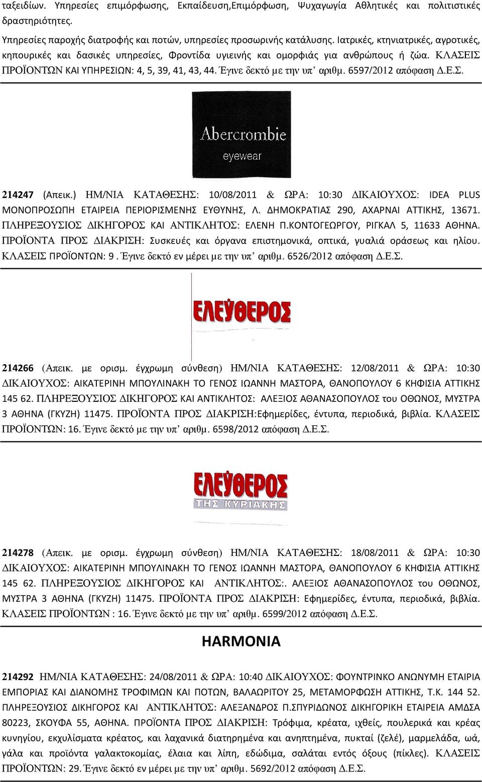 Έγινε δεκτό µε την υπ αριθµ. 6597/2012 απόφαση.ε.σ. 214247 (Απεικ.) ΗΜ/ΝΙΑ ΚΑΤΑΘΕΣΗΣ: 10/08/2011 & ΩΡΑ: 10:30 ΙΚΑΙΟΥΧΟΣ: IDEA PLUS MONOΠΡΟΣΩΠΗ ΕΤΑΙΡΕΙΑ ΠΕΡΙΟΡΙΣΜΕΝΗΣ ΕΥΘΥΝΗΣ, Λ.