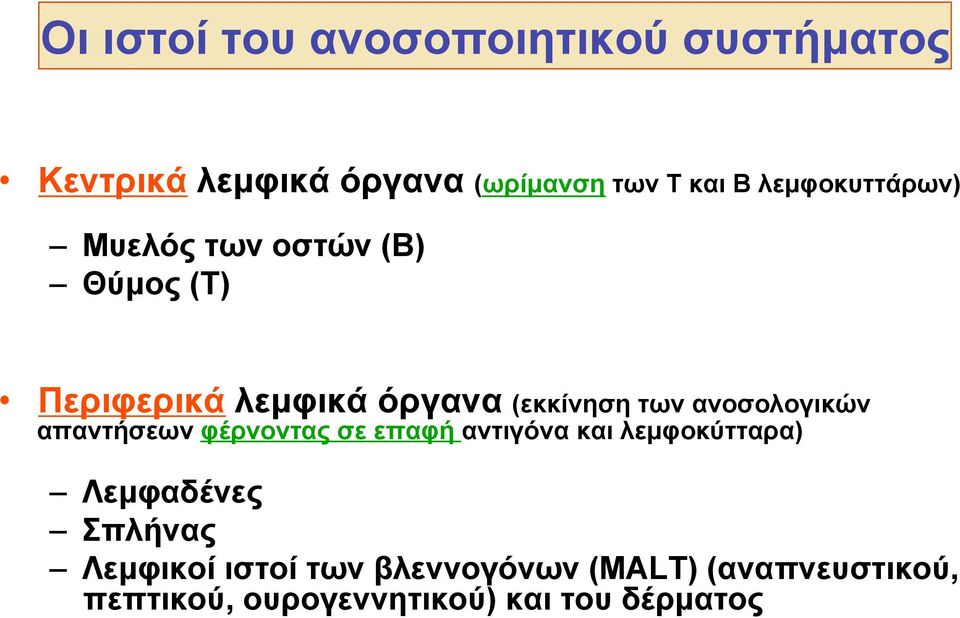 ανοσολογικών απαντήσεων φέρνοντας σε επαφή αντιγόνα και λεµφοκύτταρα) Λεµφαδένες Σπλήνας