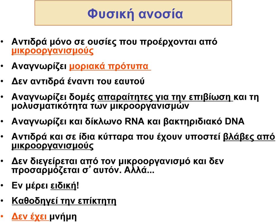 και δίκλωνο RNA και βακτηριδιακό DNA Αντιδρά και σε ίδια κύτταρα που έχουν υποστεί βλάβες από µικροοργανισµούς Δεν