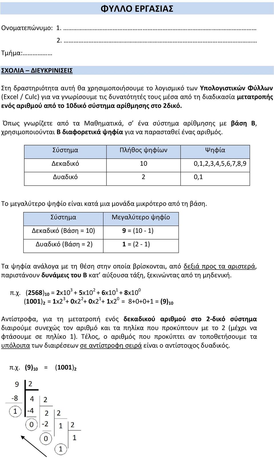 σύστημα αρίθμησης στο 2δικό. Όπως γνωρίζετε από τα Μαθηματικά, σ ένα σύστημα αρίθμησης με βάση Β, χρησιμοποιούνται Β διαφορετικά ψηφία για να παρασταθεί ένας αριθμός.
