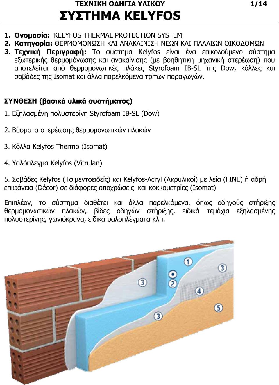 της Dow, κόλλες και σοβάδες της Isomat και άλλα παρελκόμενα τρίτων παραγωγών. ΣΥΝΘΕΣΗ (βασικά υλικά συστήματος) 1. Εξηλασμένη πολυστερίνη Styrofoam IB-SL (Dow) 2.