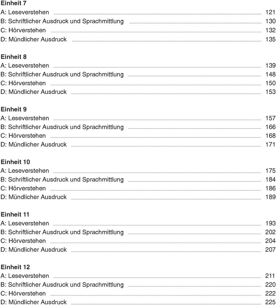 171 Einheit 10 A: Leseverstehen 175 B: Schriftlicher Ausdruck und Sprachmittlung 184 C: Hörverstehen 186 D: Mündlicher Ausdruck 189 Einheit 11 A: Leseverstehen 193 B: Schriftlicher Ausdruck
