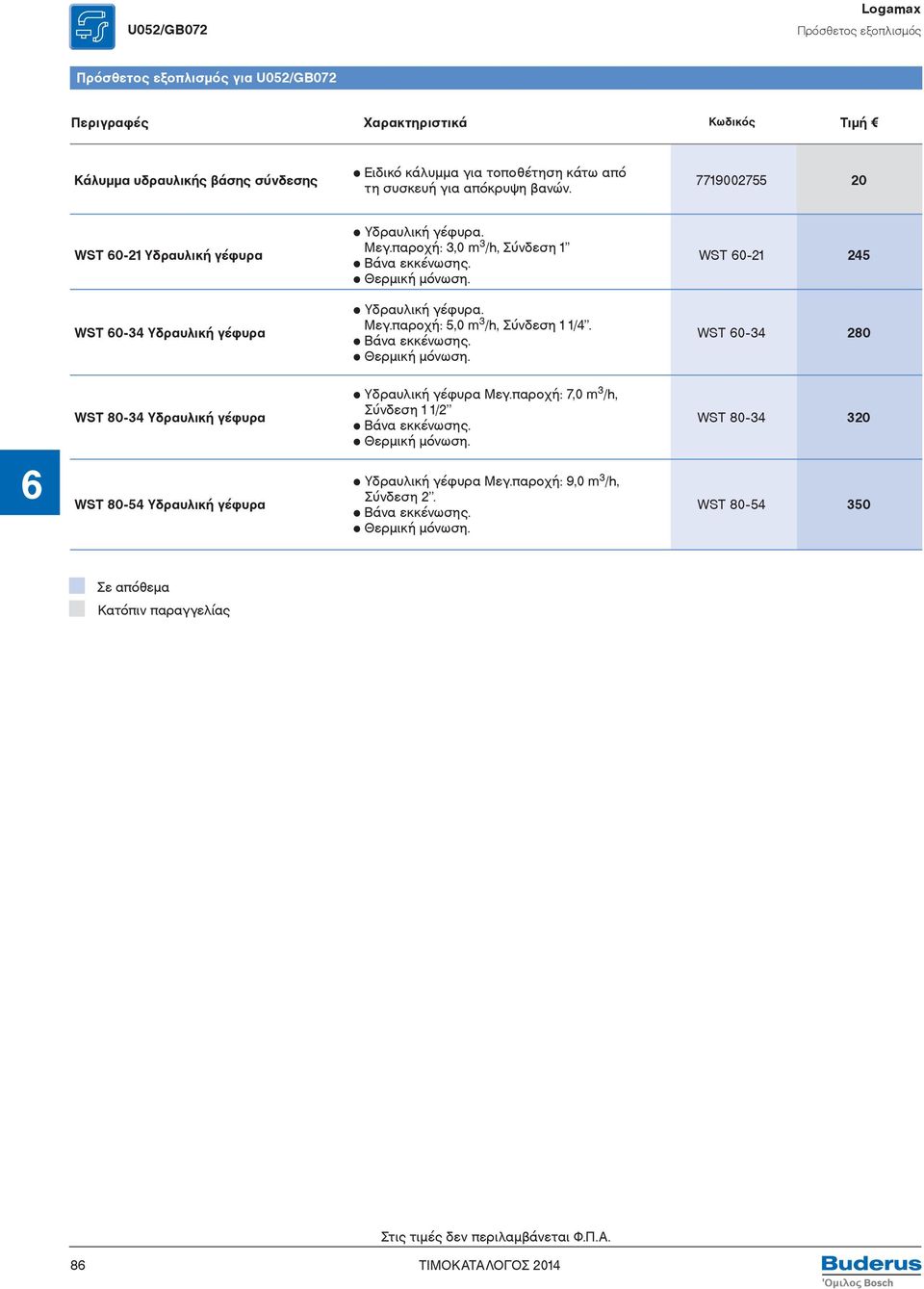 WST 60-21 245 WST 60-34 Υδραυλική γέφυρα Υδραυλική γέφυρα. Μεγ.παροχή: 5,0 m 3 /h, Σύνδεση 1 1/4. Βάνα εκκένωσης. Θερμική μόνωση.