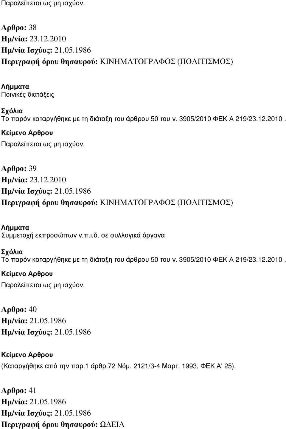 σε συλλογικά όργανα Αρθρο: 40 (Καταργήθηκε από την