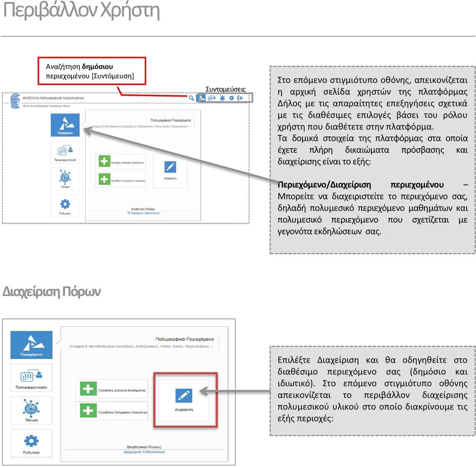 Τα δομικά στοιχεία της πλατφόρμας στα οποία έχετε πλήρη δικαιώματα πρόσβασης και διαχείρισης είναι το εξής: Περιεχόμενο/Διαχείριση περιεχομένου Μπορείτε να διαχειριστείτε το περιεχόμενο σας, δηλαδή