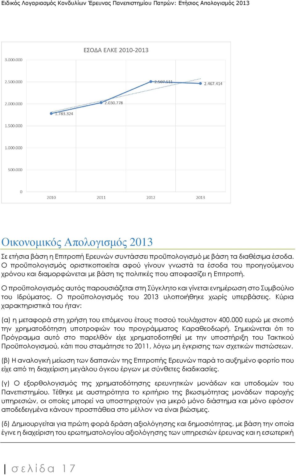 Ο προϋπολογισμός αυτός παρουσιάζεται στη Σύγκλητο και γίνεται ενημέρωση στο Συμβούλιο του Ιδρύματος. Ο προϋπολογισμός του 2013 υλοποιήθηκε χωρίς υπερβάσεις.