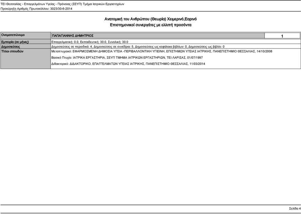 0 Δημοσιεύσεις Δημοσιεύσεις σε περιοδικά: 4, Δημοσιεύσεις σε συνέδρια: 5, Δημοσιεύσεις ως κεφάλαια βιβλίων: 0, Δημοσιεύσεις ως βιβλίο: 0 Μεταπτυχιακό: ΕΦΑΡΜΟΣΜΕΝΗ